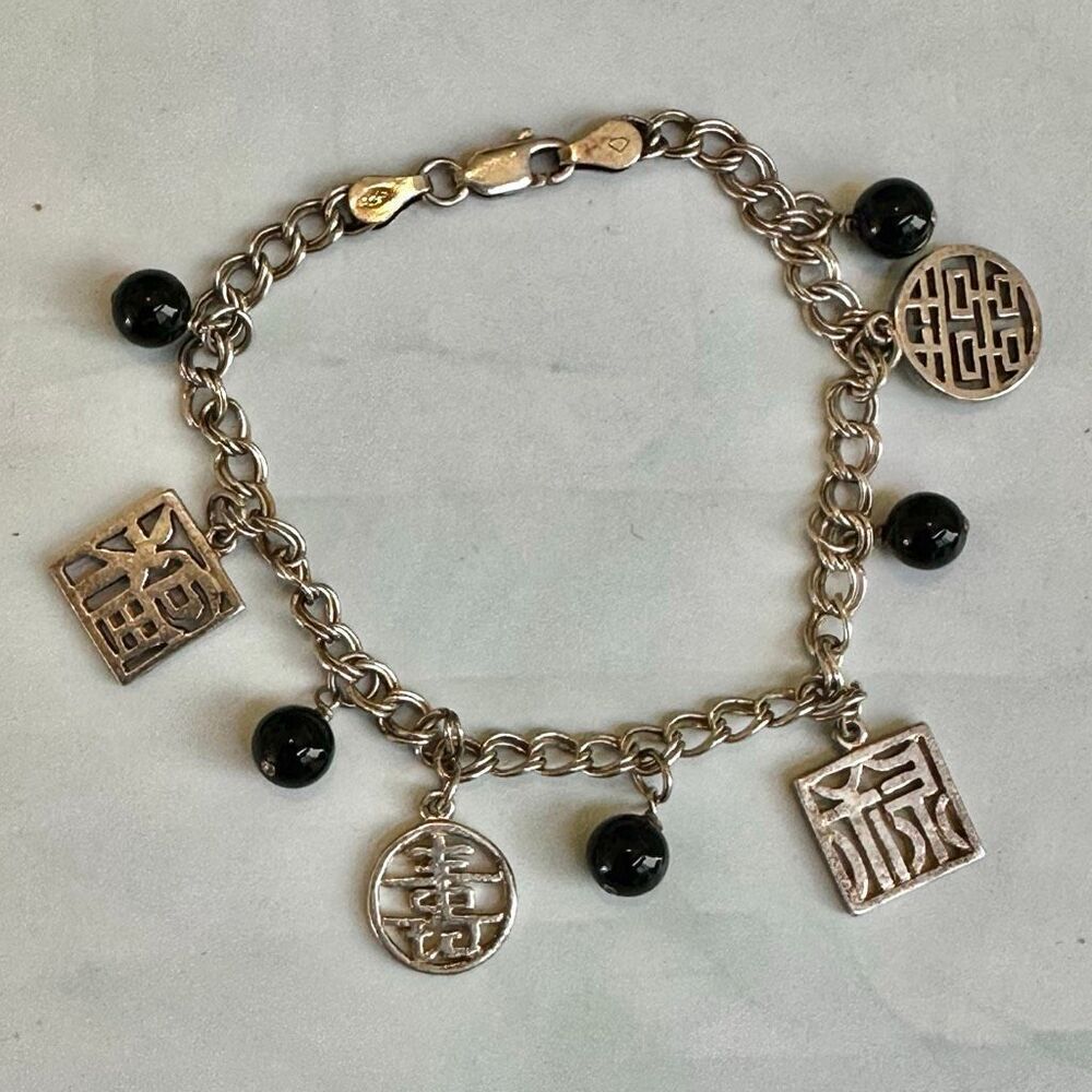 Vintage Italian Sterling Silver 925 Charm Bracelet – Chinese Symbols & Black Bea